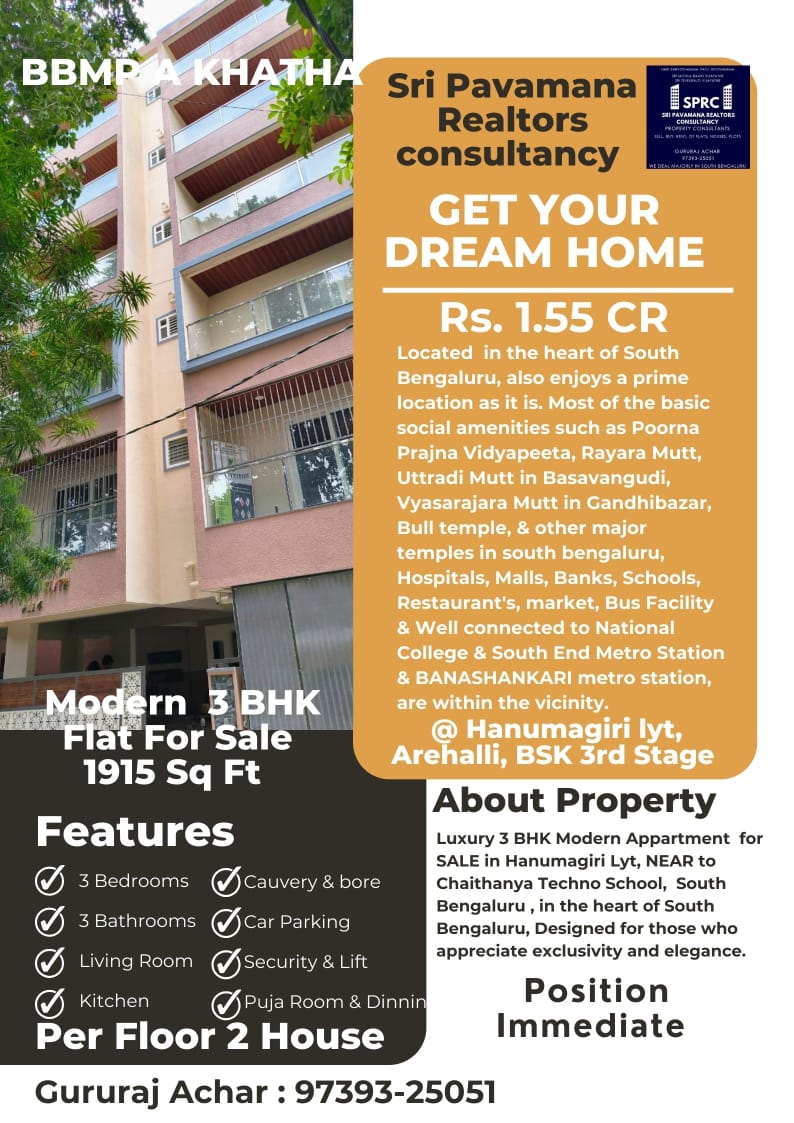 Modern 3 BHK Flat in Hanumagiri Layout Arehalli Bengaluru